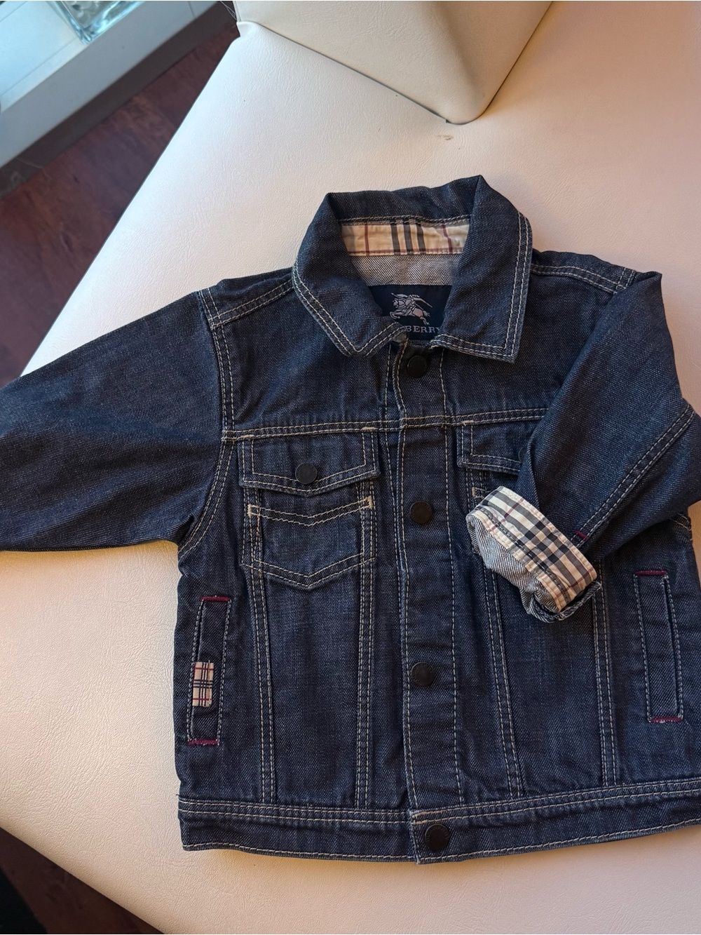 Baby kid vest jacket Jean denim 12/18 months Burberry blue small bleach stain